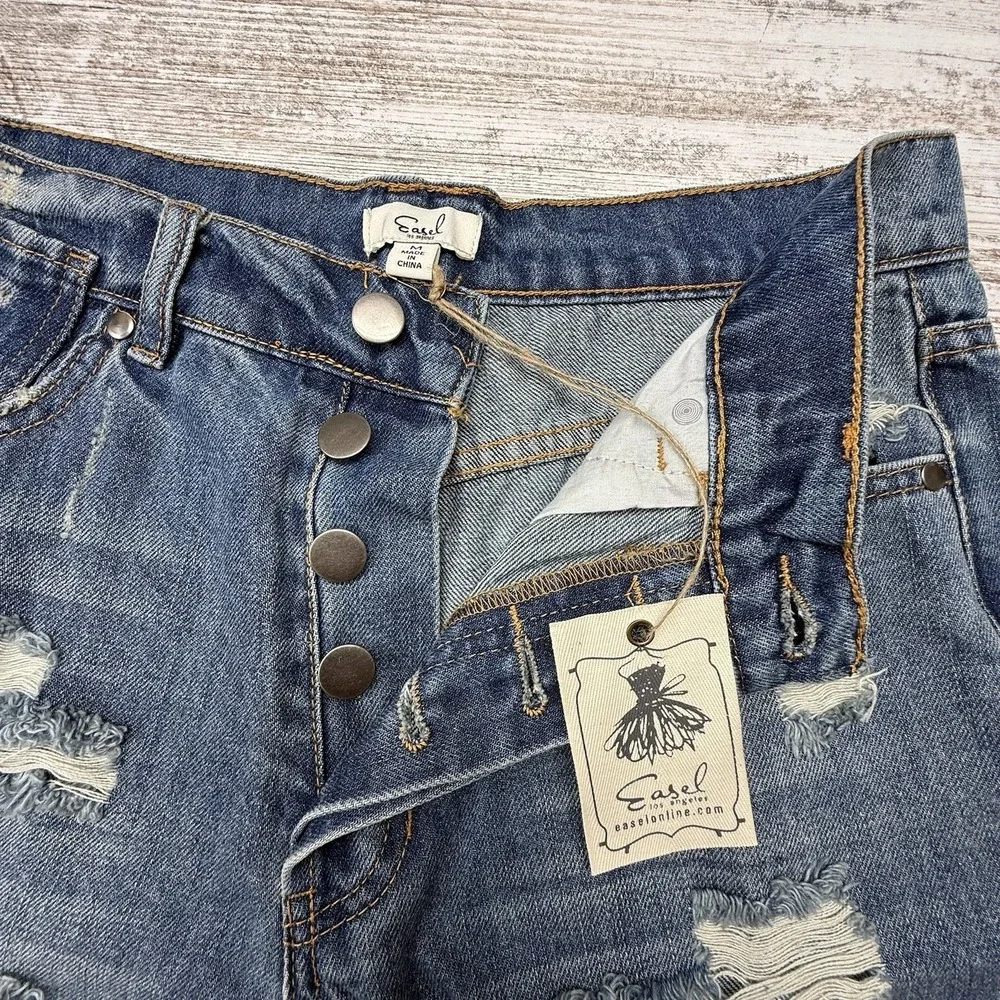 Hippie Bohemian Long Denim Jean Shorts Distressed Raw Hem Fringe Mom Jeans Sz‎ M